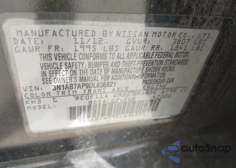 2013 Nissan Sentra Sl z USA, uszkodzony, nr VIN 3N1AB7AP9DL636821